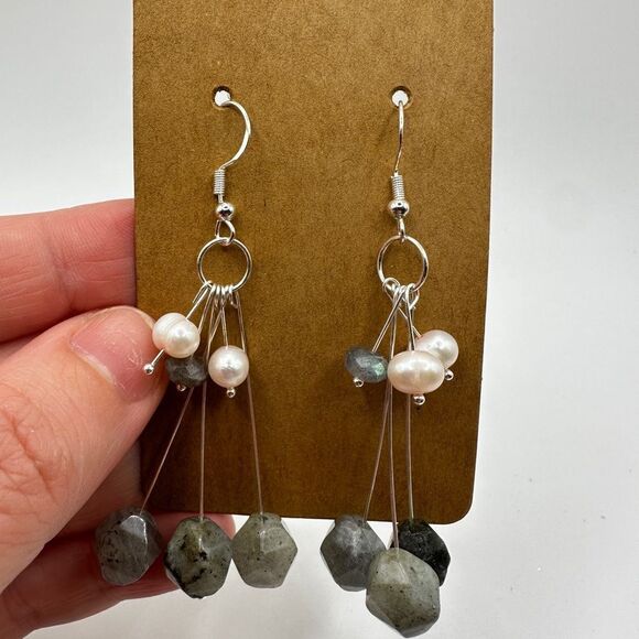 3" long faceted labradorite beads with freshwater pearls dangle earrings! - Picture 4 of 12